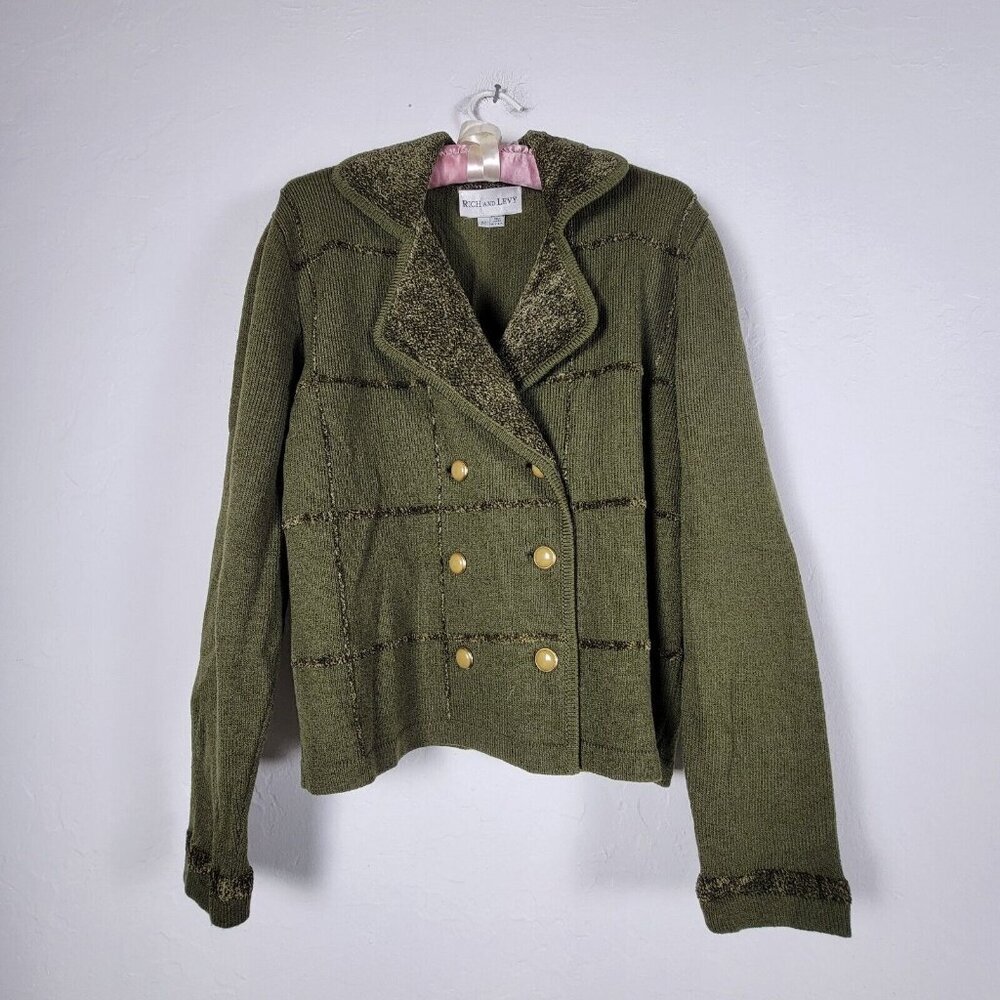 Rich and Levy Womens Medium Green Double Breasted Knit Work Blazer Jacket